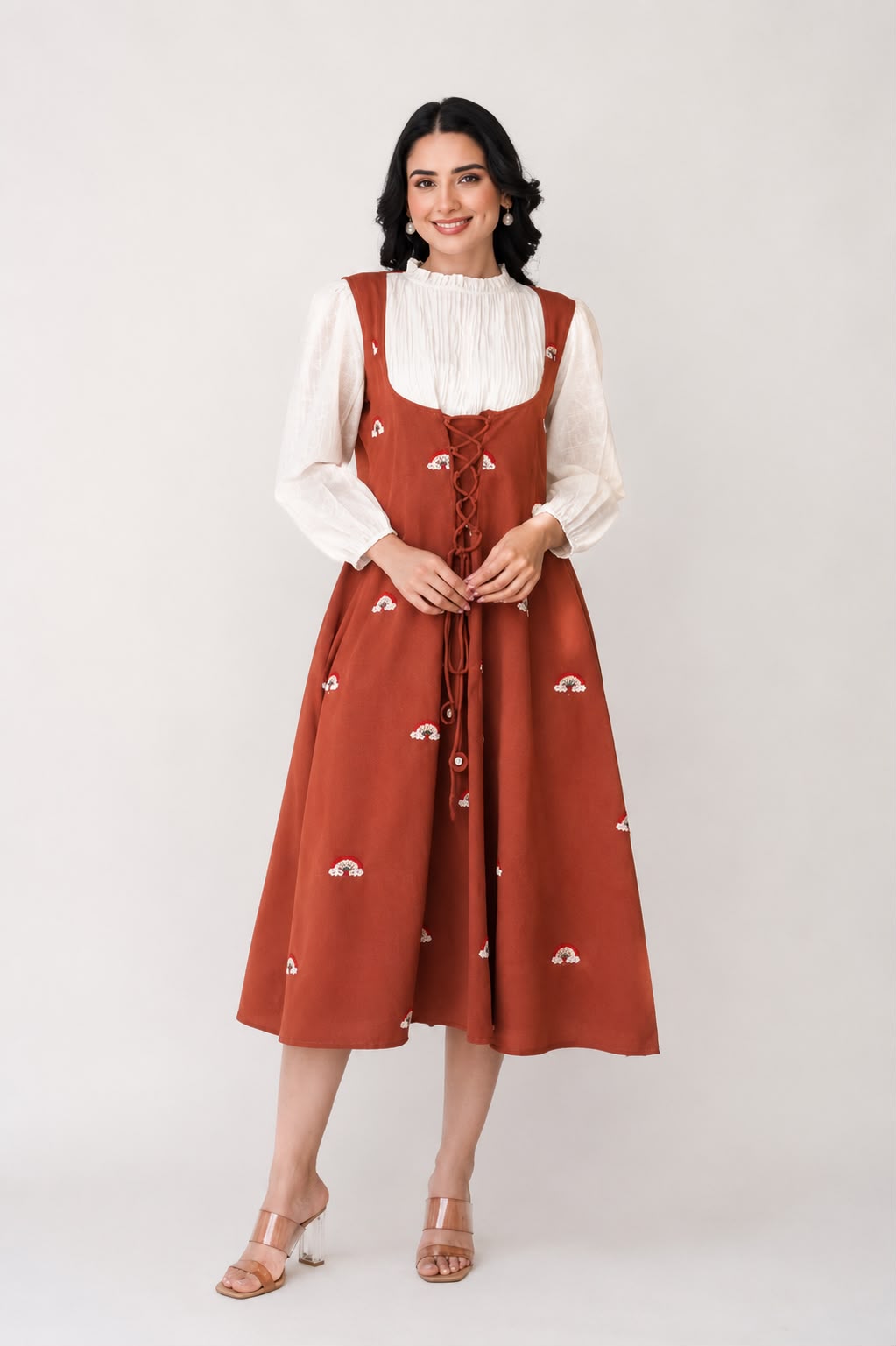 Rust Embroidered Midi Dress