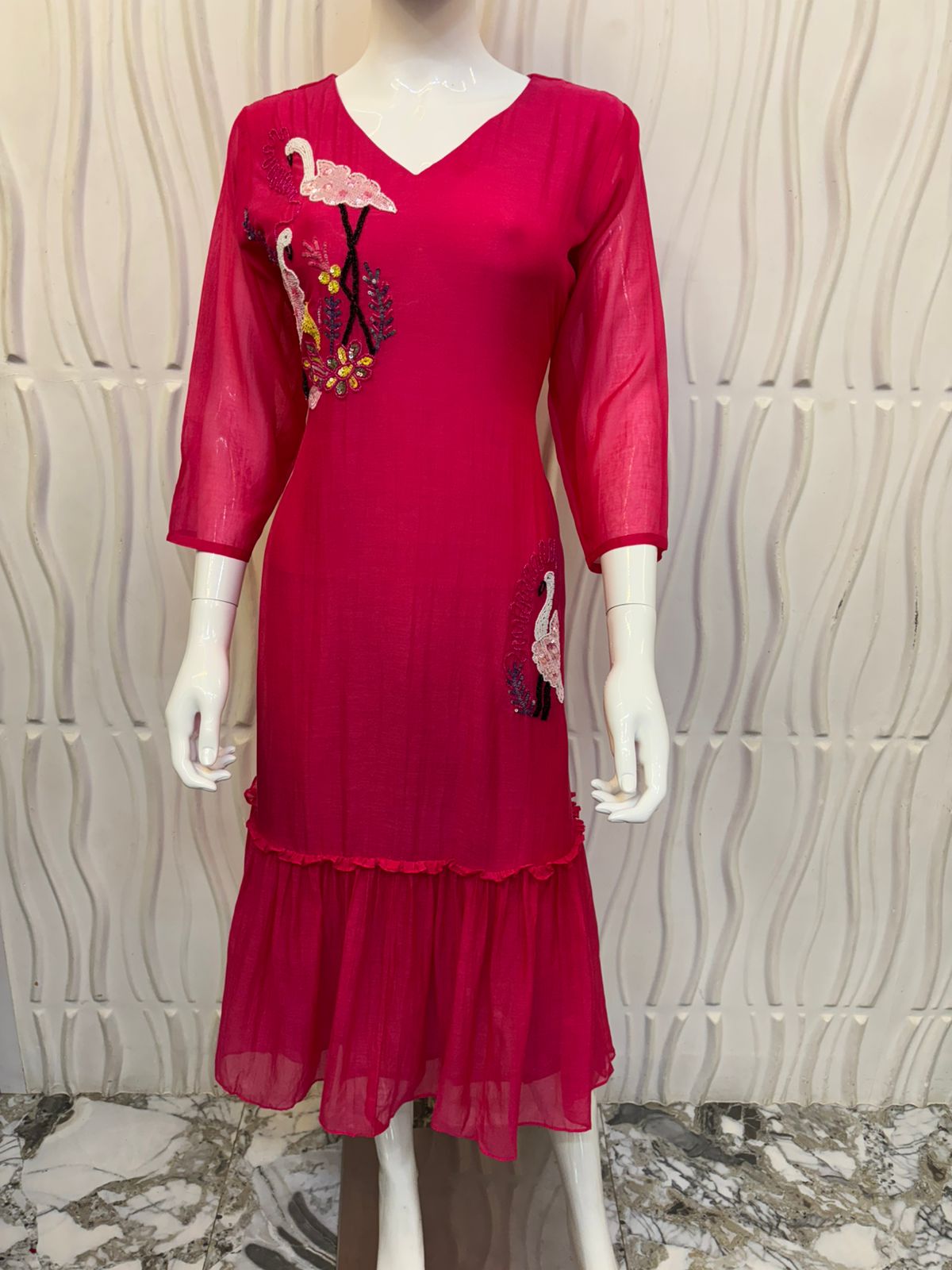 Fuchsia Pink Embroidered Flared Dress