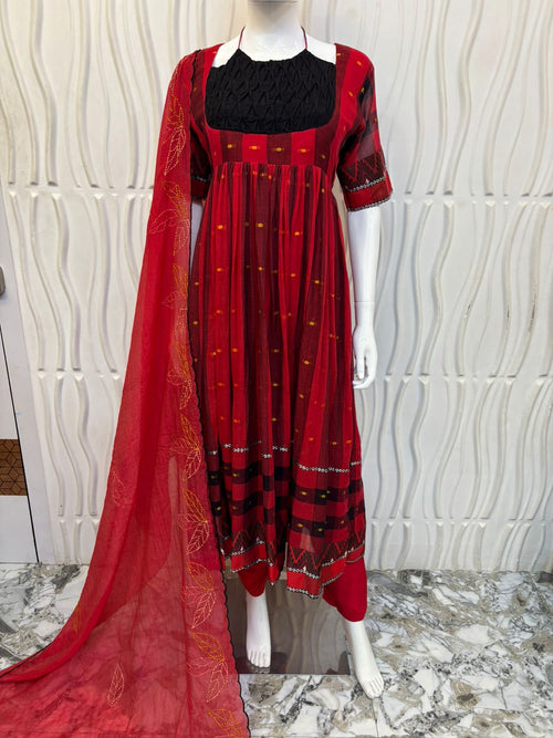 Crimson Red Printed Anarkali Kurti Set