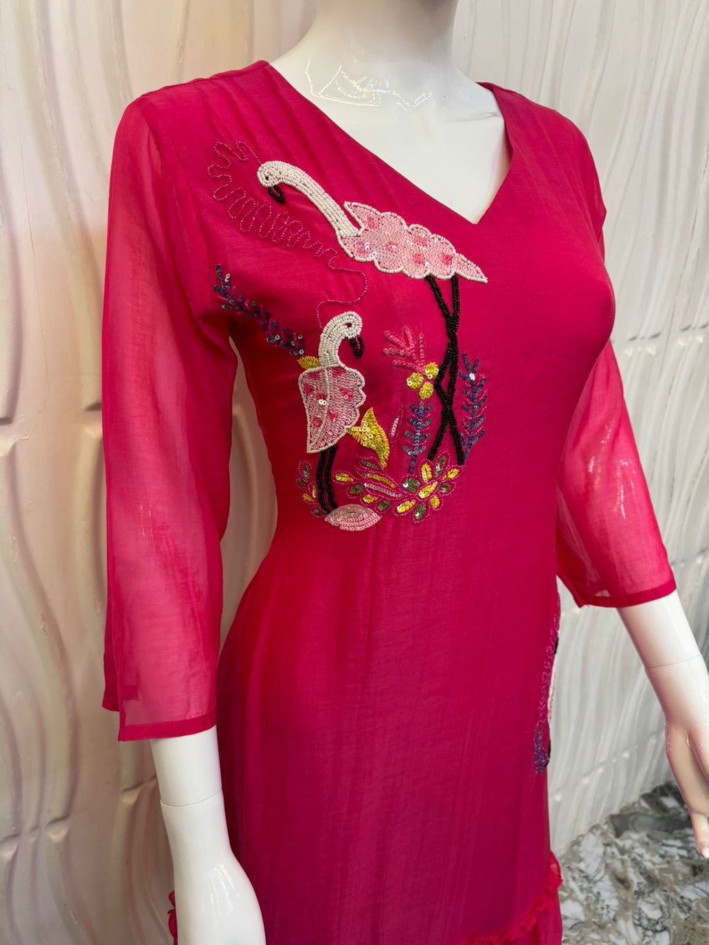 Fuchsia Pink Embroidered Flared Dress