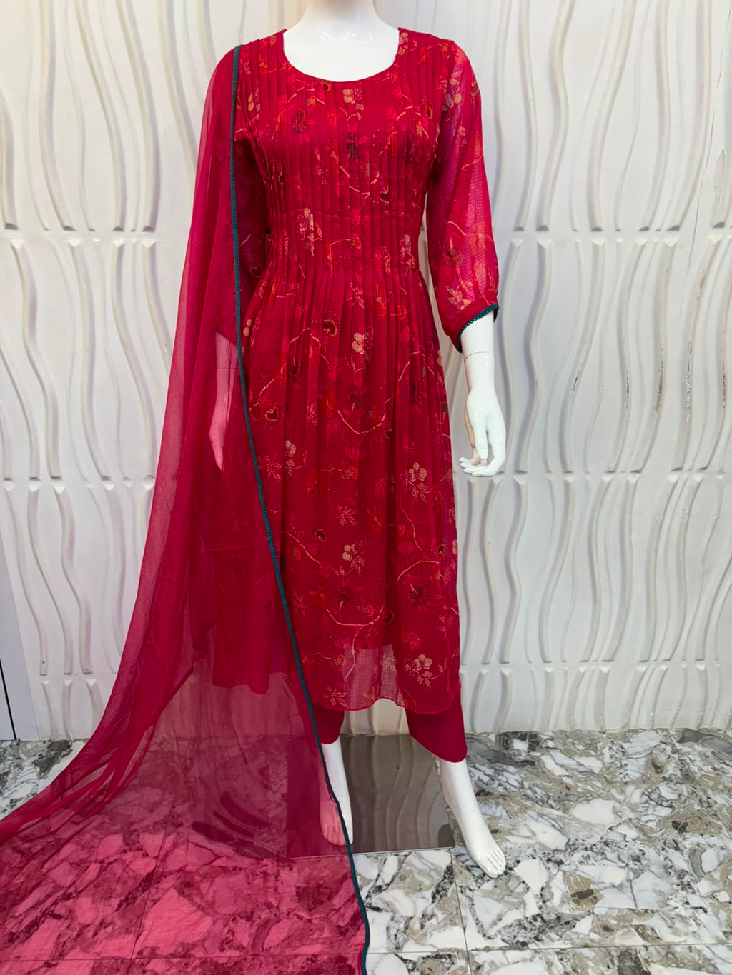 Ruby Pink Printed Anarkali Kurti Set