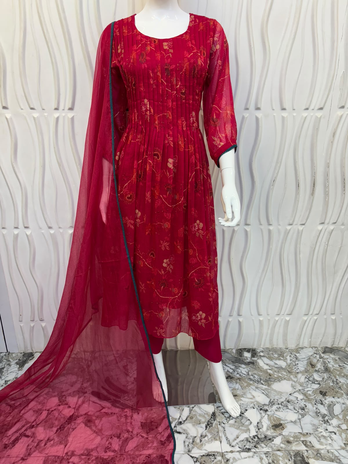Ruby Pink Printed Anarkali Kurti Set