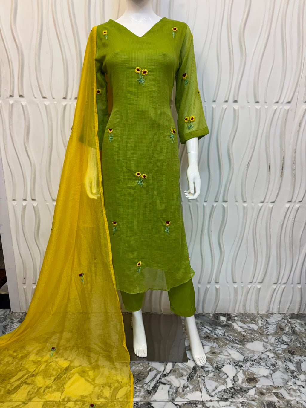 Olive Green Embroidered Kurti Set