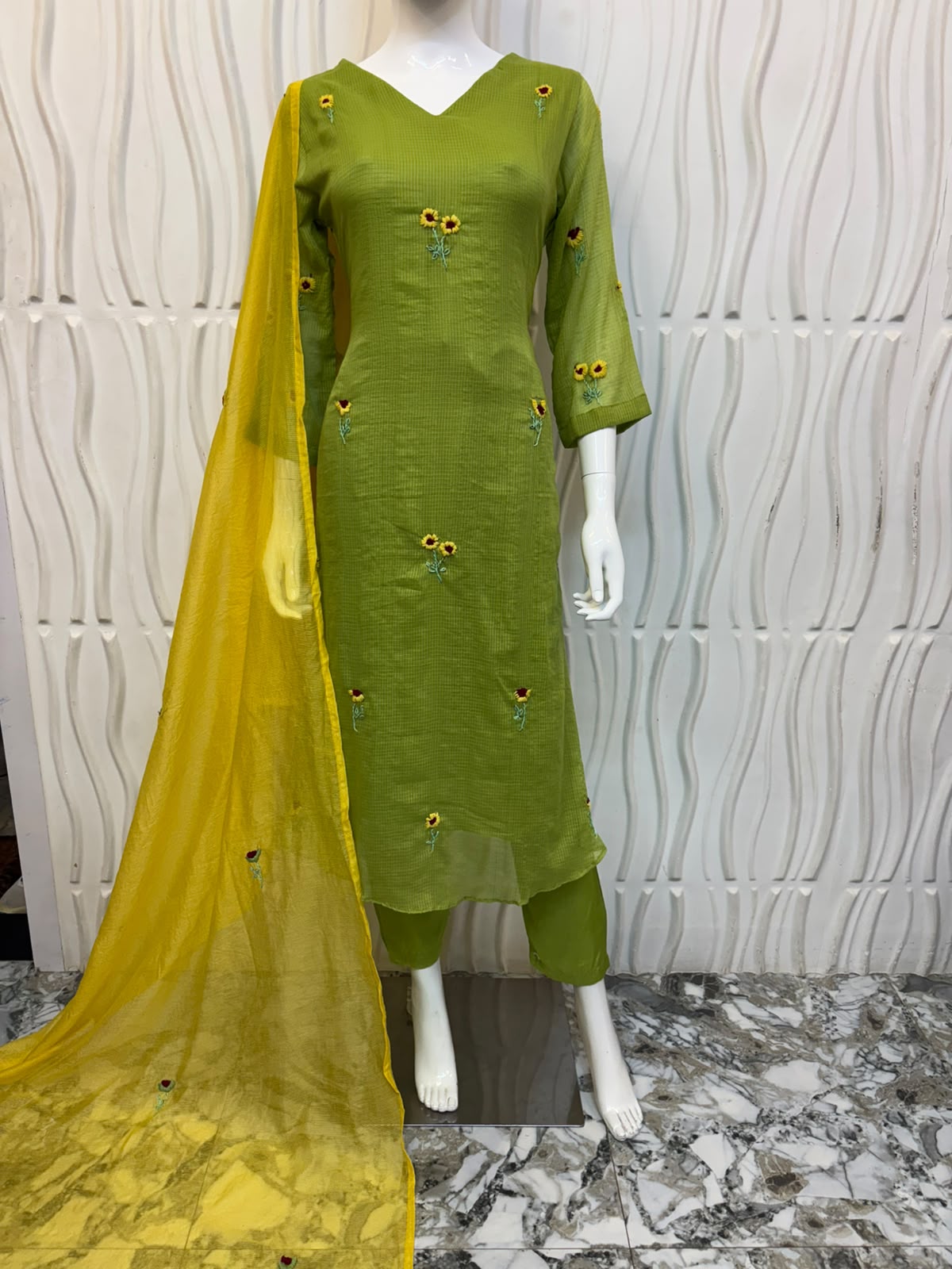 Olive Green Embroidered Kurti Set