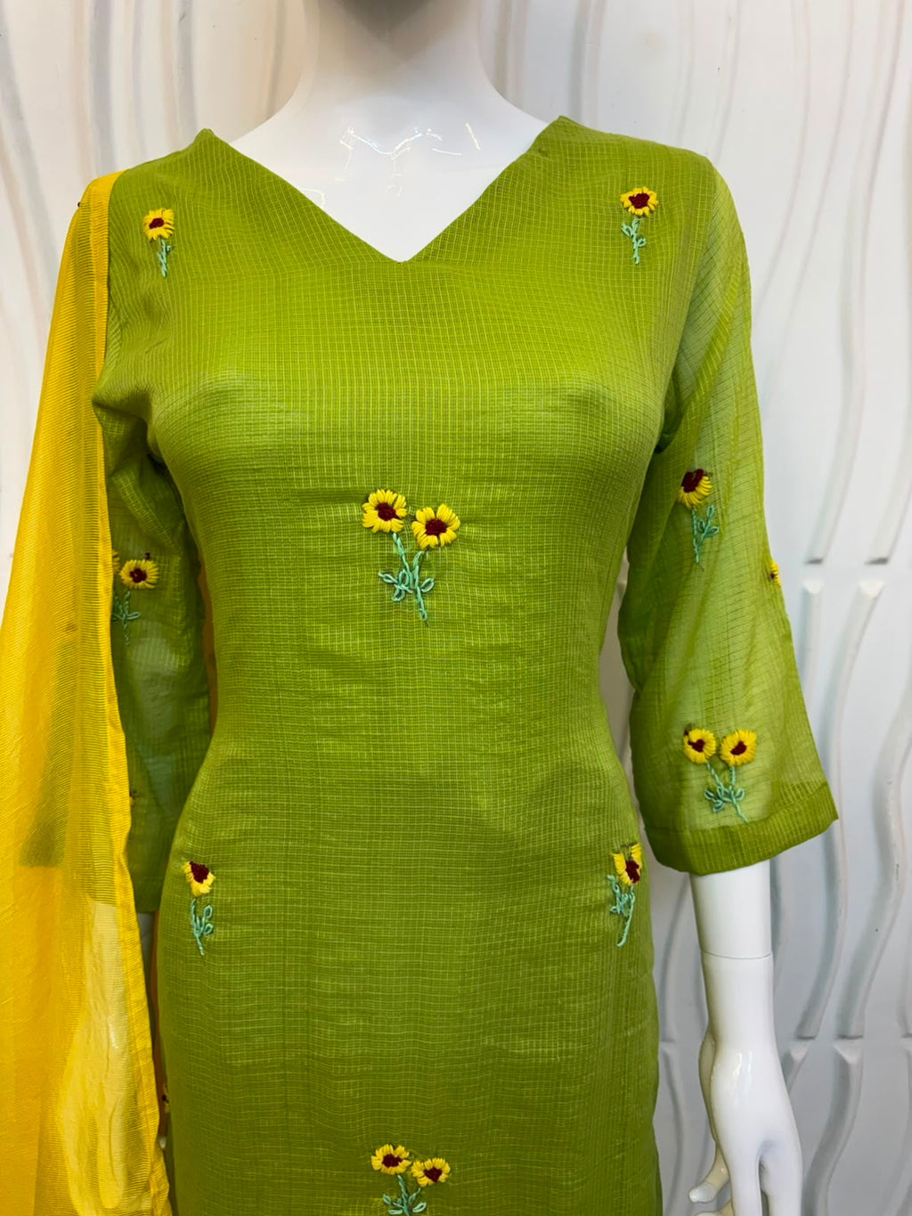Olive Green Embroidered Kurti Set