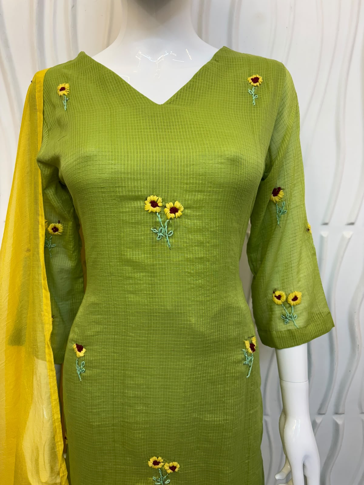 Olive Green Embroidered Kurti Set