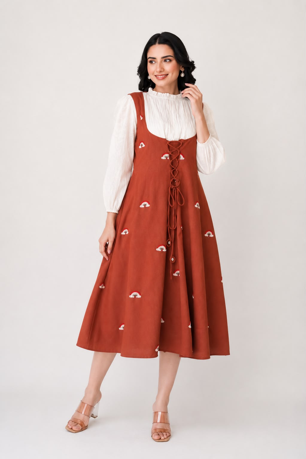 Rust Embroidered Midi Dress